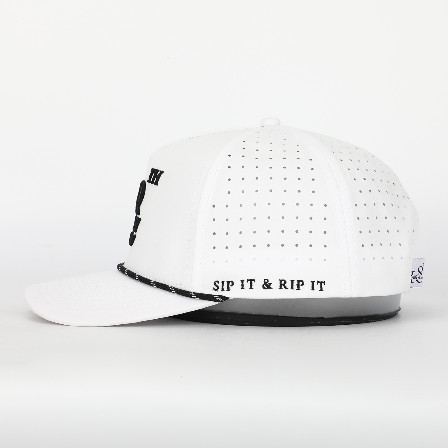 Oem Custom Embroidery Logo 5 Panel Rope Golf Dad Hat,Laser Cut Hole Perforated Gorras,White Polyester Spandex Baseball Cap