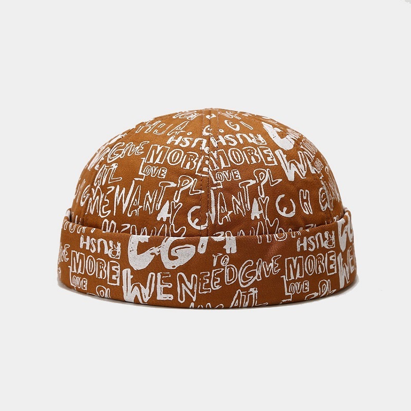 Custom Quality Graffiti Printed Logo Brimless Cap,Retro Adjustable Visorless Docker Hat,No Button Rolled Cuff Sailor Cap