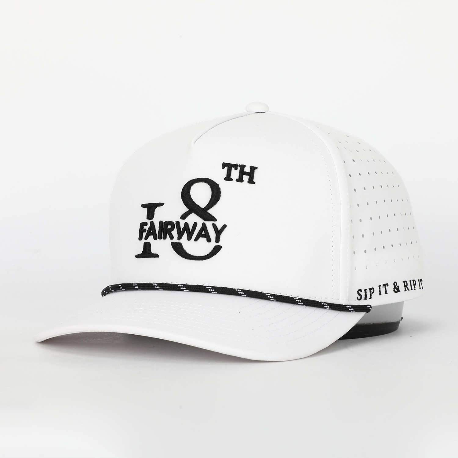 Oem Custom Embroidery Logo 5 Panel Rope Golf Dad Hat,Laser Cut Hole Perforated Gorras,White Polyester Spandex Baseball Cap