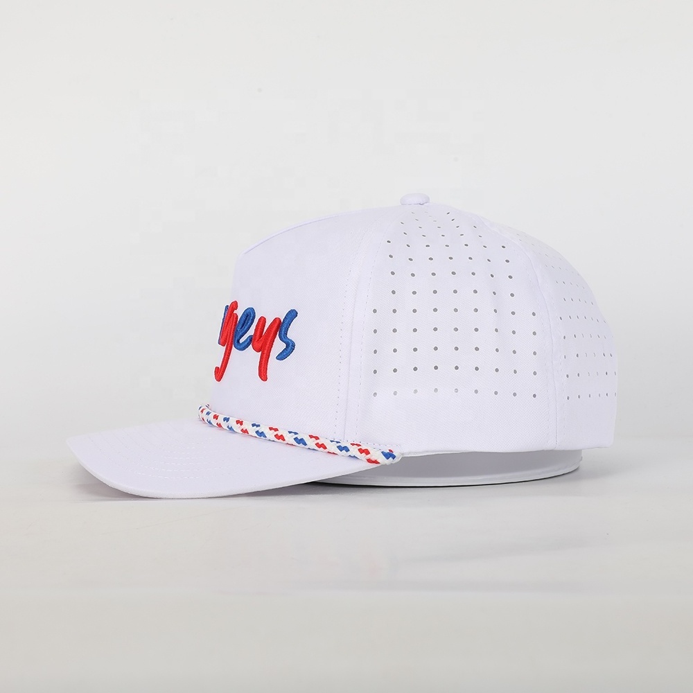 Wholesale Custom High Quality Oem Embroidery Five Panel Waterproof Rope Golf Hat Laser Cut Hole Gorras Polyester Baseball Cap