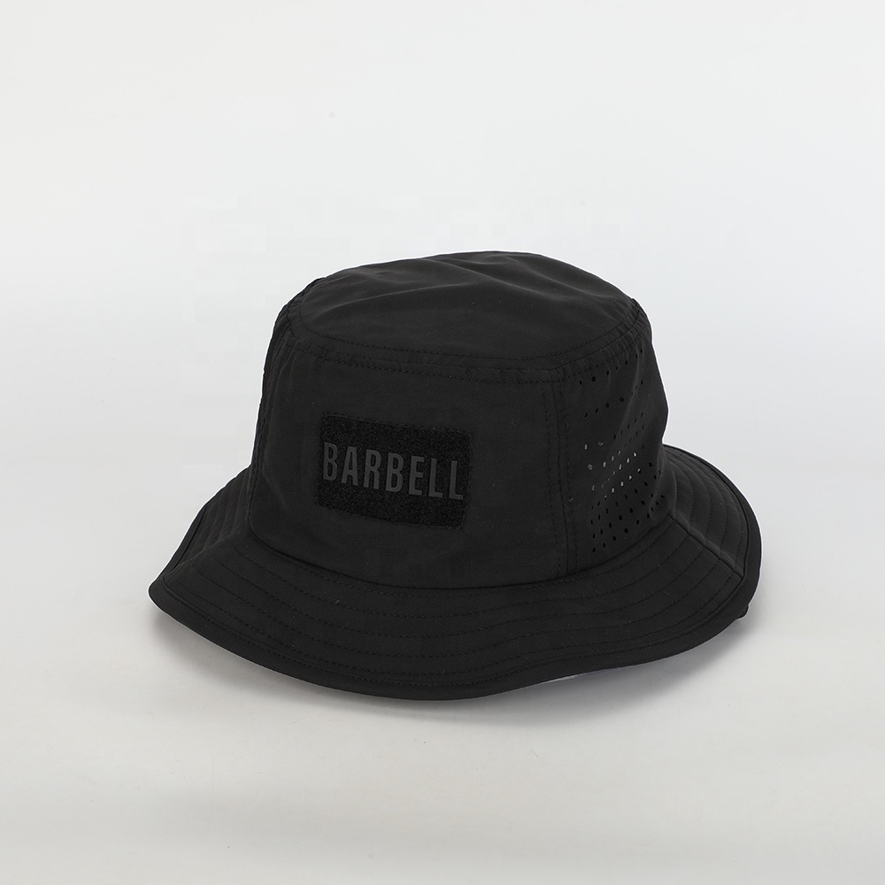 Wholesale High Quality Rubber Velcro Reversible Fisherman Gorras Mens Women Sun Cap Custom Polyester Laser Cut Hole Bucket Hat