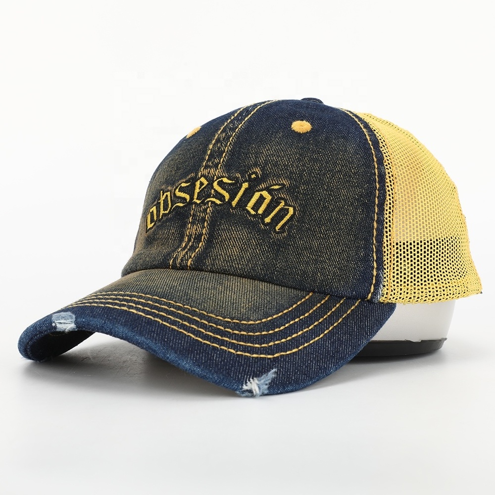 Custom High Quality 6 Panel Embroidery Logo Washed Distressed Denim Gorras,Worn Out Mesh Baseball Cap,Mens Jeans Dad Hat