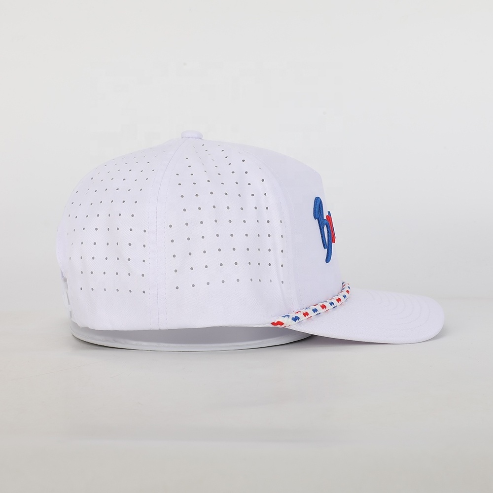 Wholesale Custom High Quality Oem Embroidery Five Panel Waterproof Rope Golf Hat Laser Cut Hole Gorras Polyester Baseball Cap