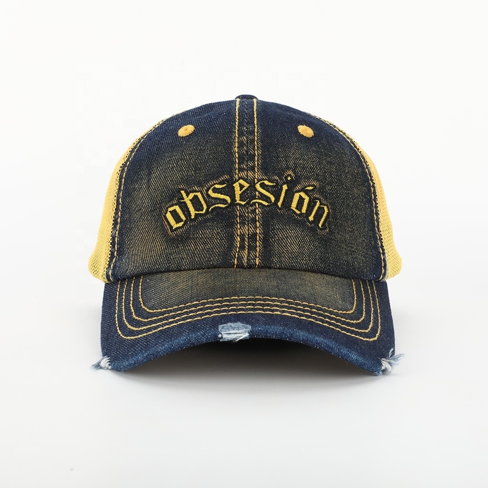 Custom High Quality 6 Panel Embroidery Logo Washed Distressed Denim Gorras,Worn Out Mesh Baseball Cap,Mens Jeans Dad Hat