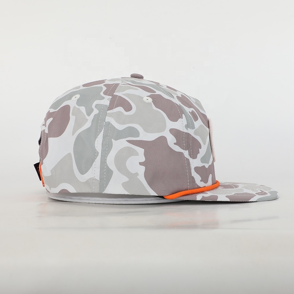 High Quality Wholesale Custom Design Logo 5 Panel Sport Rope Hat,Camo Polyester Flat Brim Gorras,Embroidery Patch Snapback Cap