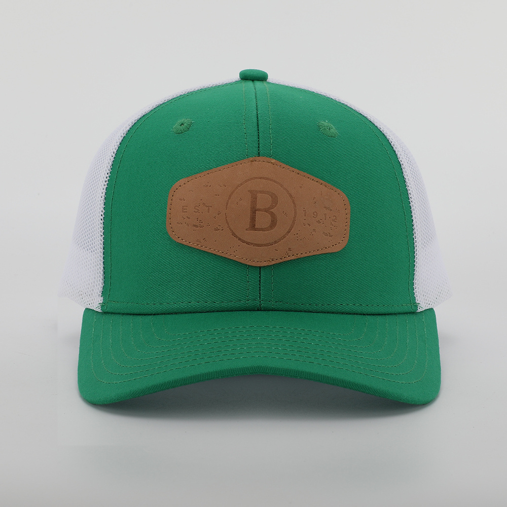 BSCI Custom High Quality Men Premium 6 Panel Green Cotton Twill Leather Patch Logo Mesh Gorras 112 Trucker Cap Hat