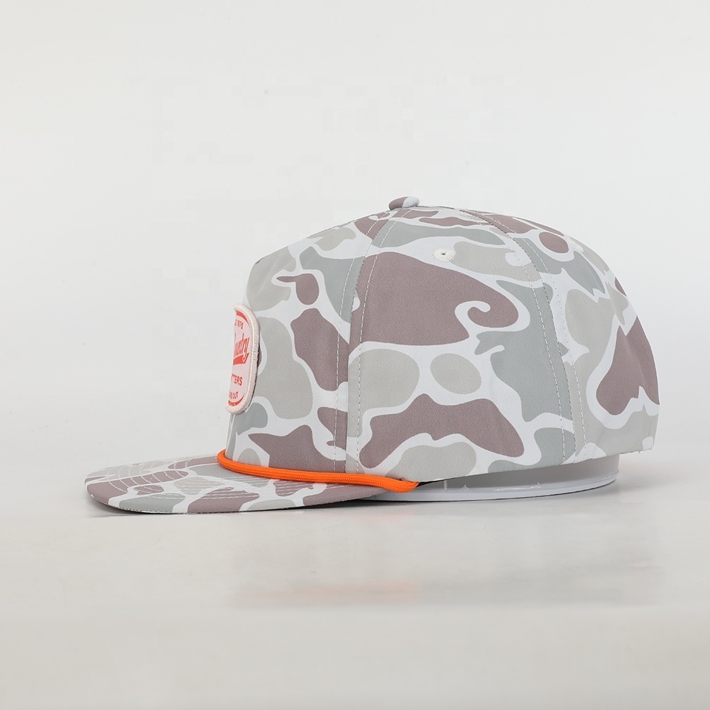 High Quality Wholesale Custom Design Logo 5 Panel Sport Rope Hat,Camo Polyester Flat Brim Gorras,Embroidery Patch Snapback Cap