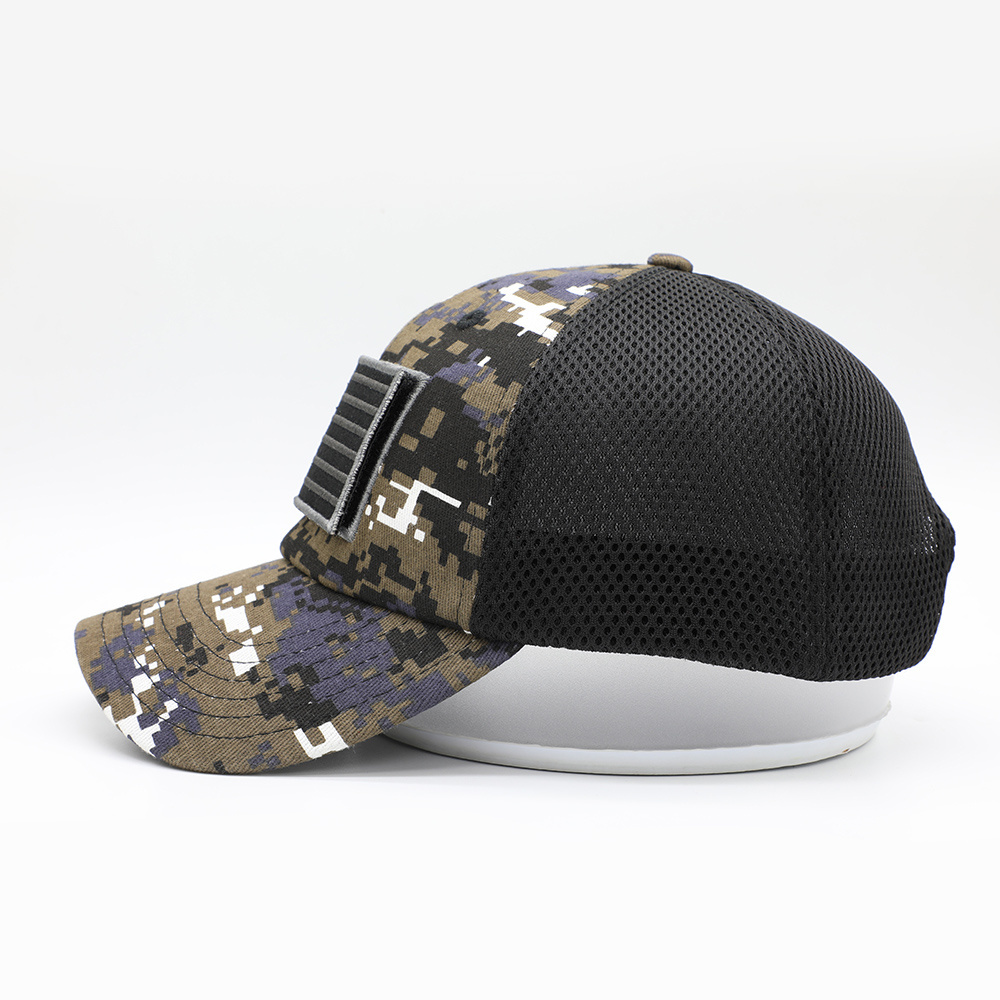 Custom Embroidery USA Flag Patch Soft Sandwich Mesh Digital Camo Tactical Hat Cap With Hoop Loop Closure