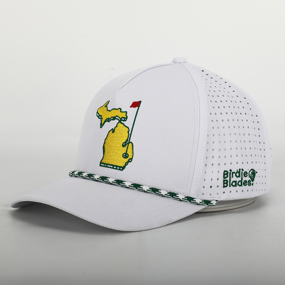 Custom High Quality 5 Panel Structured Embroidery Logo Sport Rope Baseball Cap,Water Resistant Laser Cutting Hole Perforated Hat