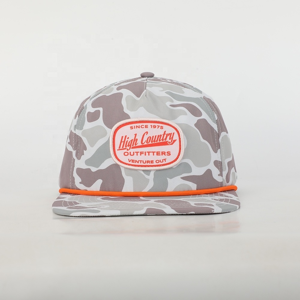 High Quality Wholesale Custom Design Logo 5 Panel Sport Rope Hat,Camo Polyester Flat Brim Gorras,Embroidery Patch Snapback Cap