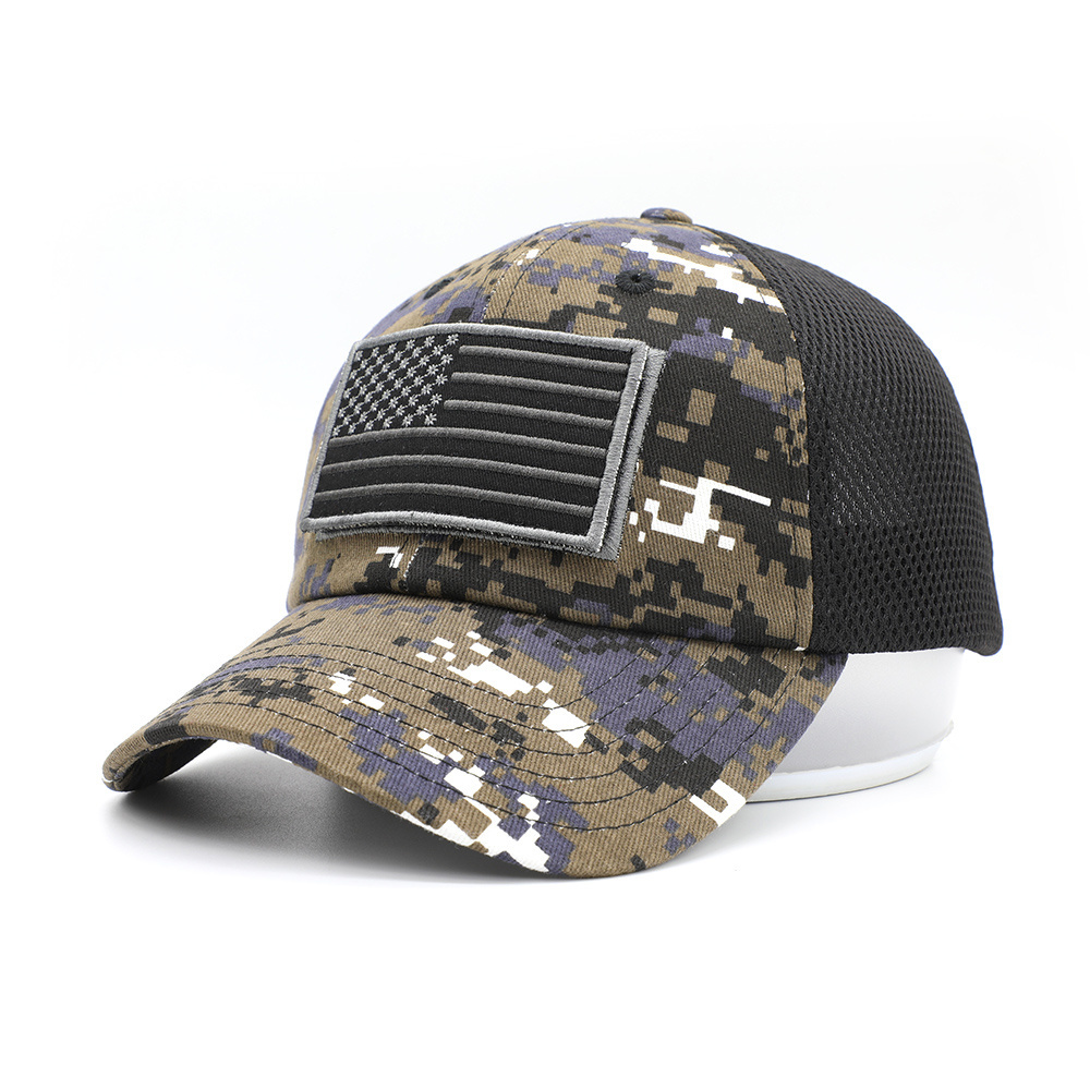 Custom Embroidery USA Flag Patch Soft Sandwich Mesh Digital Camo Tactical Hat Cap With Hoop Loop Closure