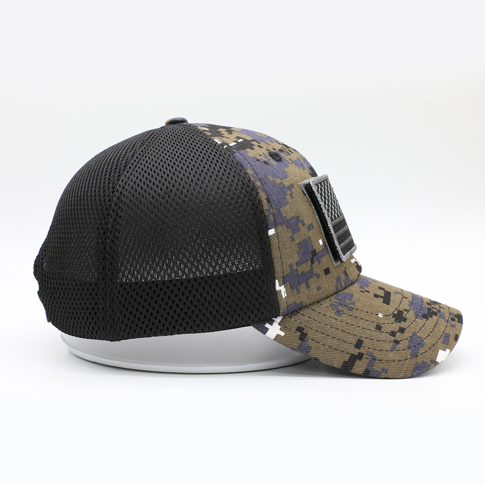 Custom Embroidery USA Flag Patch Soft Sandwich Mesh Digital Camo Tactical Hat Cap With Hoop Loop Closure