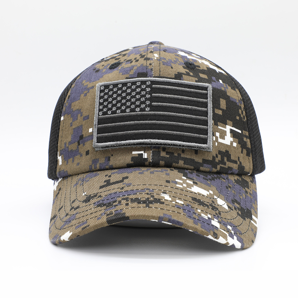 Custom Embroidery USA Flag Patch Soft Sandwich Mesh Digital Camo Tactical Hat Cap With Hoop Loop Closure