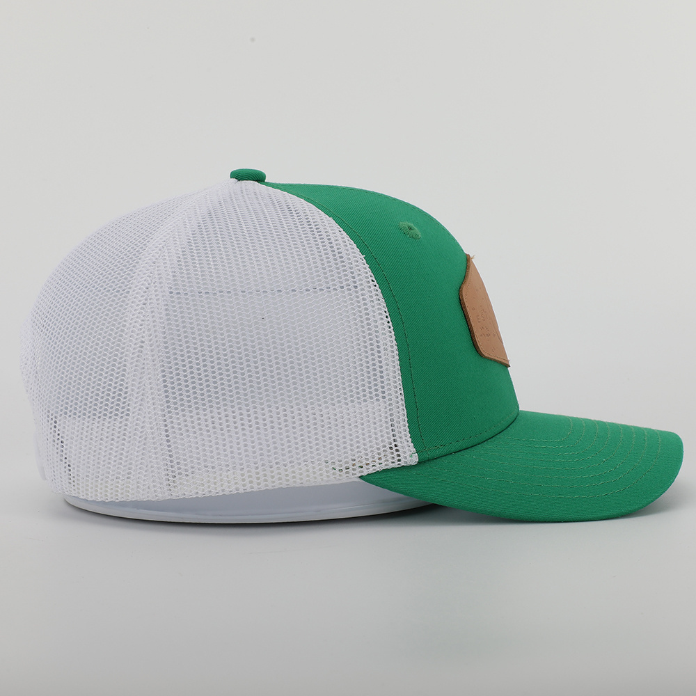 BSCI Custom High Quality Men Premium 6 Panel Green Cotton Twill Leather Patch Logo Mesh Gorras 112 Trucker Cap Hat