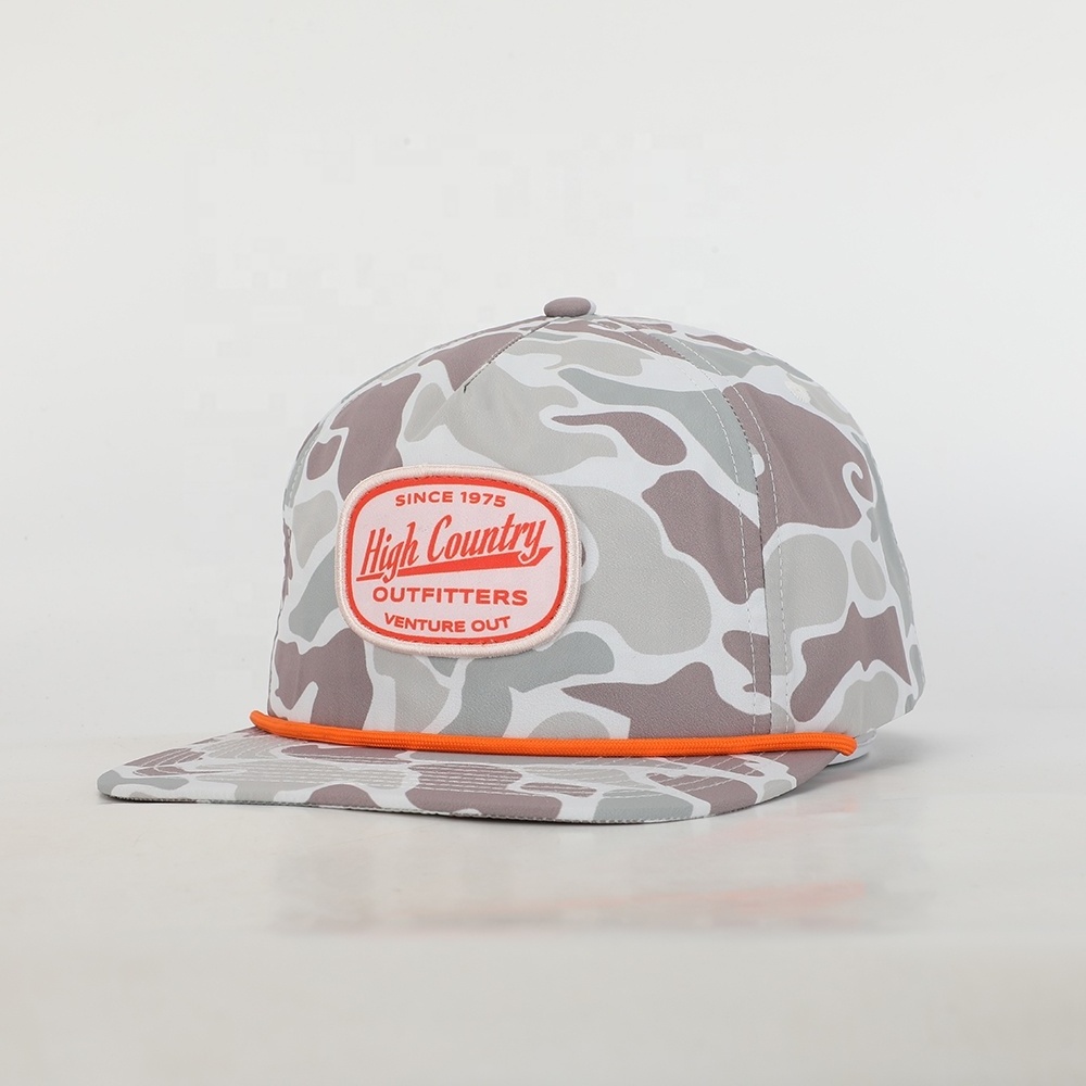 High Quality Wholesale Custom Design Logo 5 Panel Sport Rope Hat,Camo Polyester Flat Brim Gorras,Embroidery Patch Snapback Cap