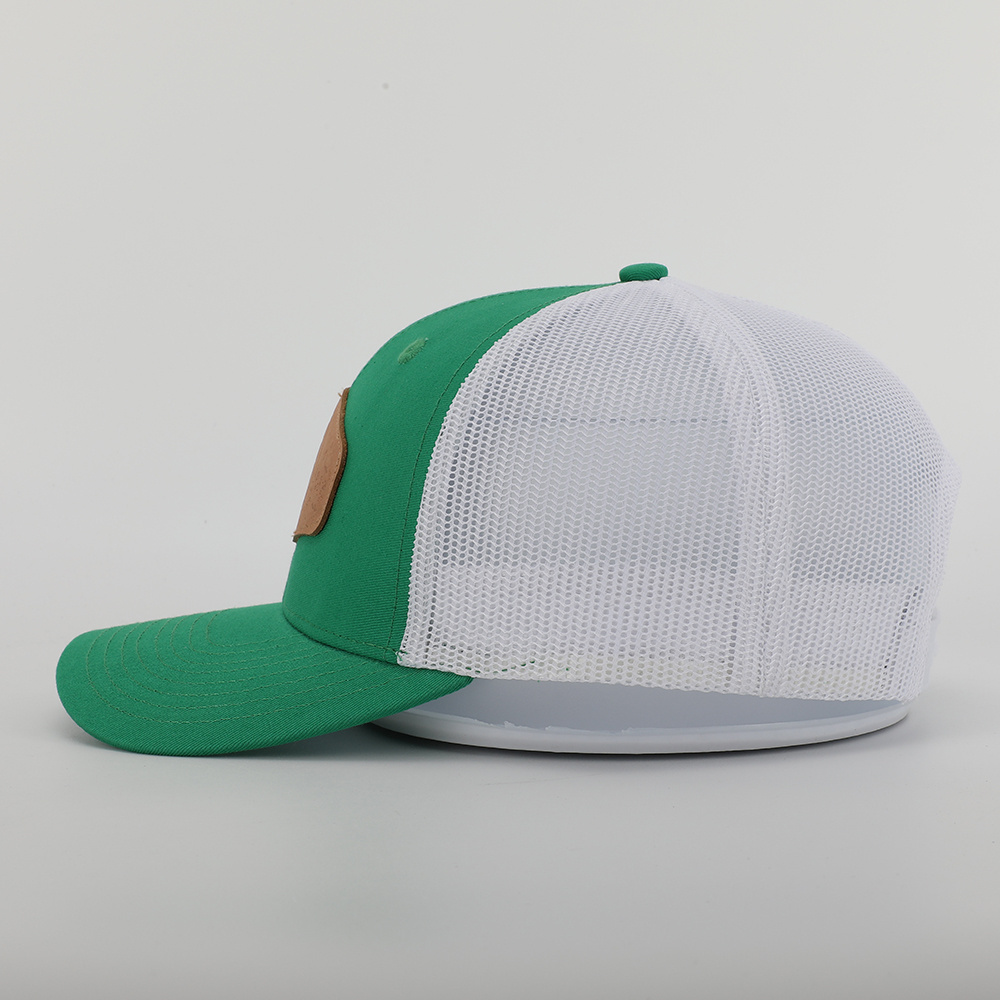 BSCI Custom High Quality Men Premium 6 Panel Green Cotton Twill Leather Patch Logo Mesh Gorras 112 Trucker Cap Hat