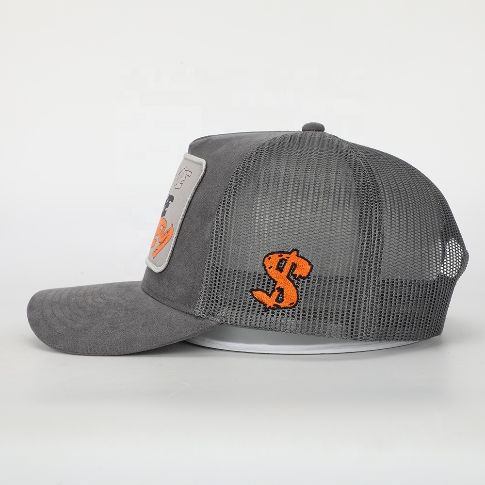 Wholesale Custom 5 Panel Suede Truck Cap,Embroidery Woven Patch Logo Mesh Snap Back Gorras,High Quality Mens Trucker Hat