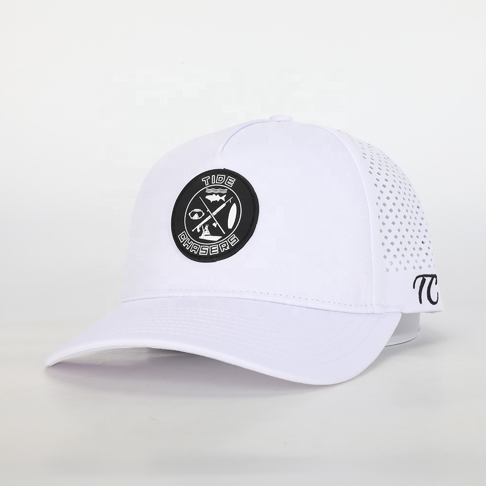 Wholesale Custom Rubber Patch Logo 5 Panel Sport Embroidery Hat,Oem Laser Cut Hole Gorras,High Quality Polyester Baseball Cap