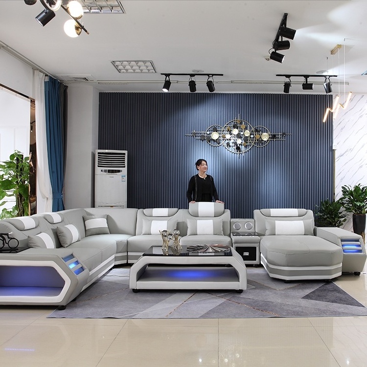 2021 fashion Leather sofa LED  lamp With music living room sofas set furniture  modern sectional sofa set 7 seater