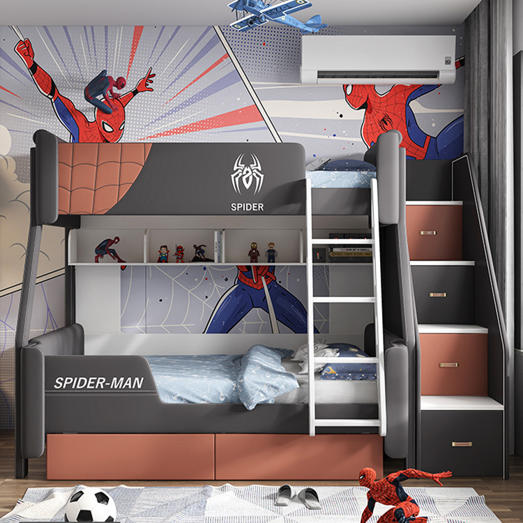 boys bedroom furniture set children Bunk bed suite kids prefer love spider-man Solid wood frame leather bed