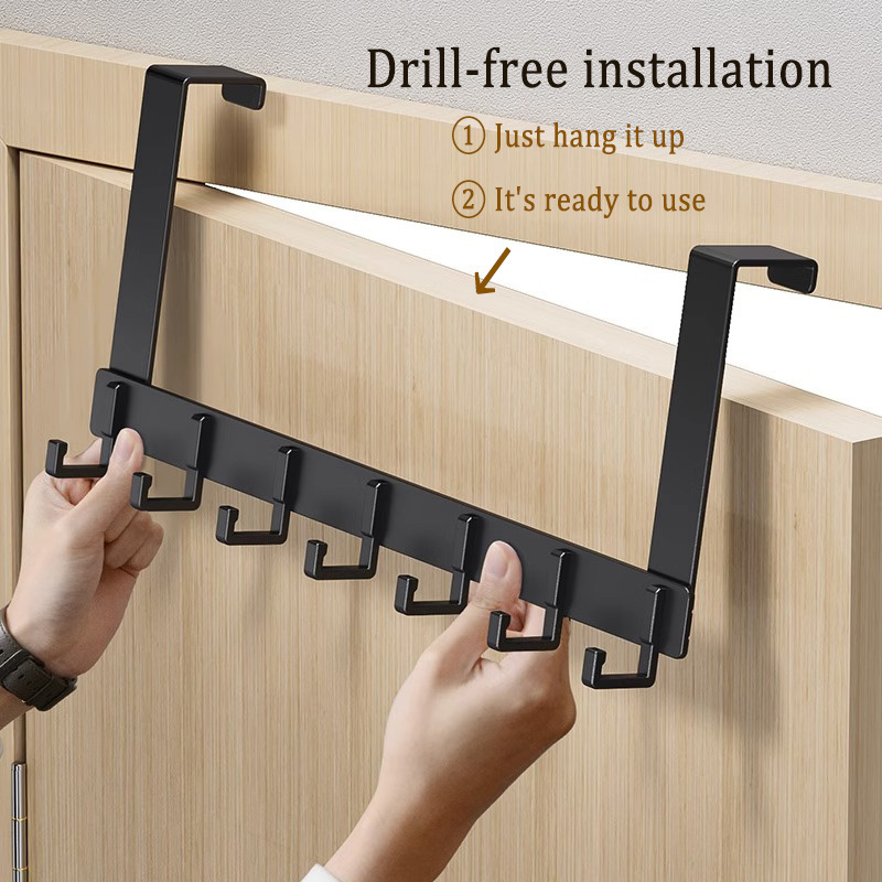 Hot Selling Black Matt Space aluminum Non-punched Row Hook Toilet Storage Rack Door Hangers  Over The Door Hook Rack