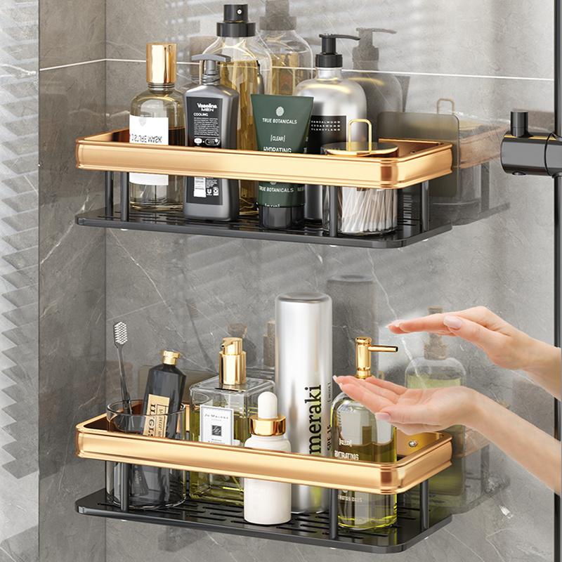 NO Drilling Space Aluminum Storage Rack For Bathroom black Aluminium Square Shelf Multi-layer Wall mounted shower shelf