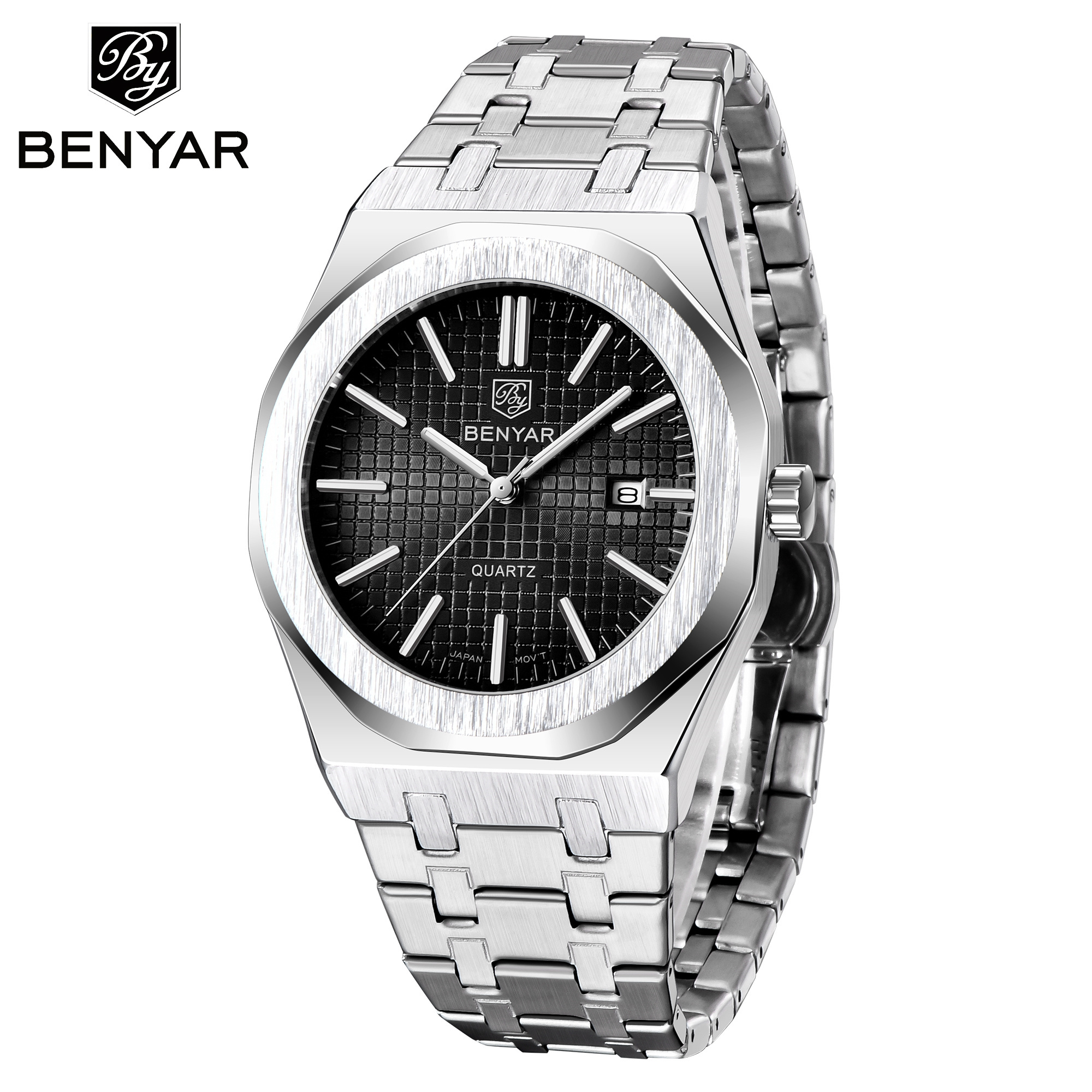 Benyar 5156 High Quality Octagon shape Mens Quartz Watch 3 hand dial classic Stainless Steel Watches Men