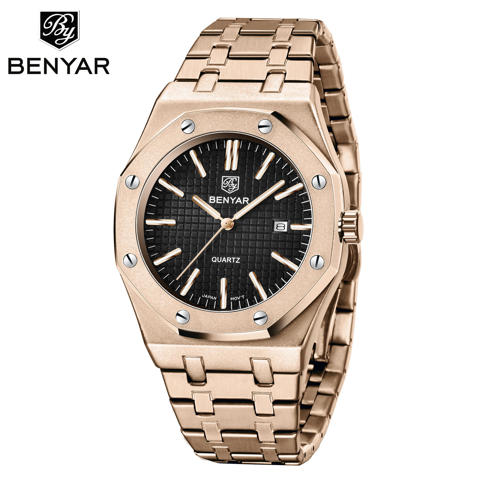 Benyar 5156 High Quality Octagon shape Mens Quartz Watch 3 hand dial classic Stainless Steel Watches Men