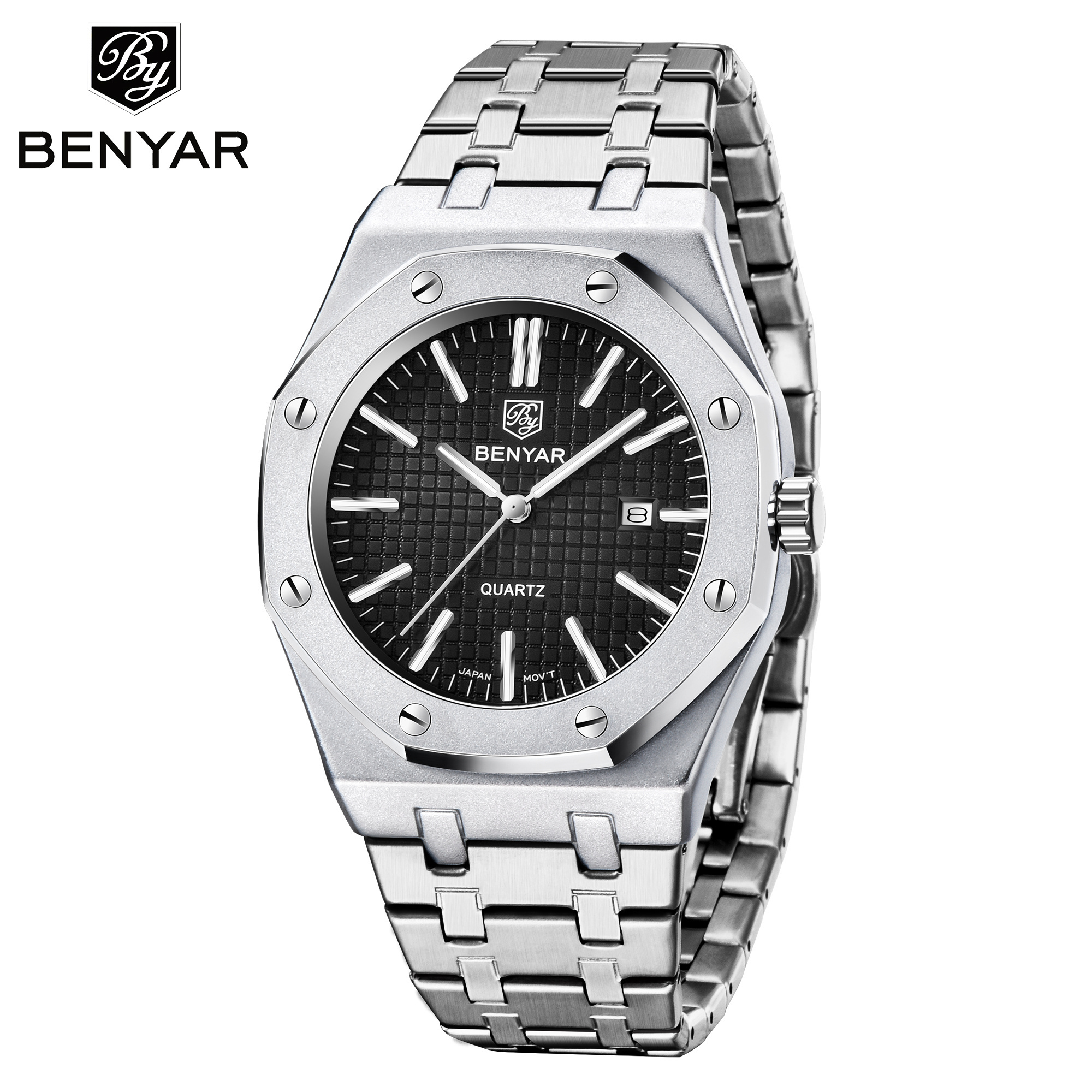 Benyar 5156 High Quality Octagon shape Mens Quartz Watch 3 hand dial classic Stainless Steel Watches Men