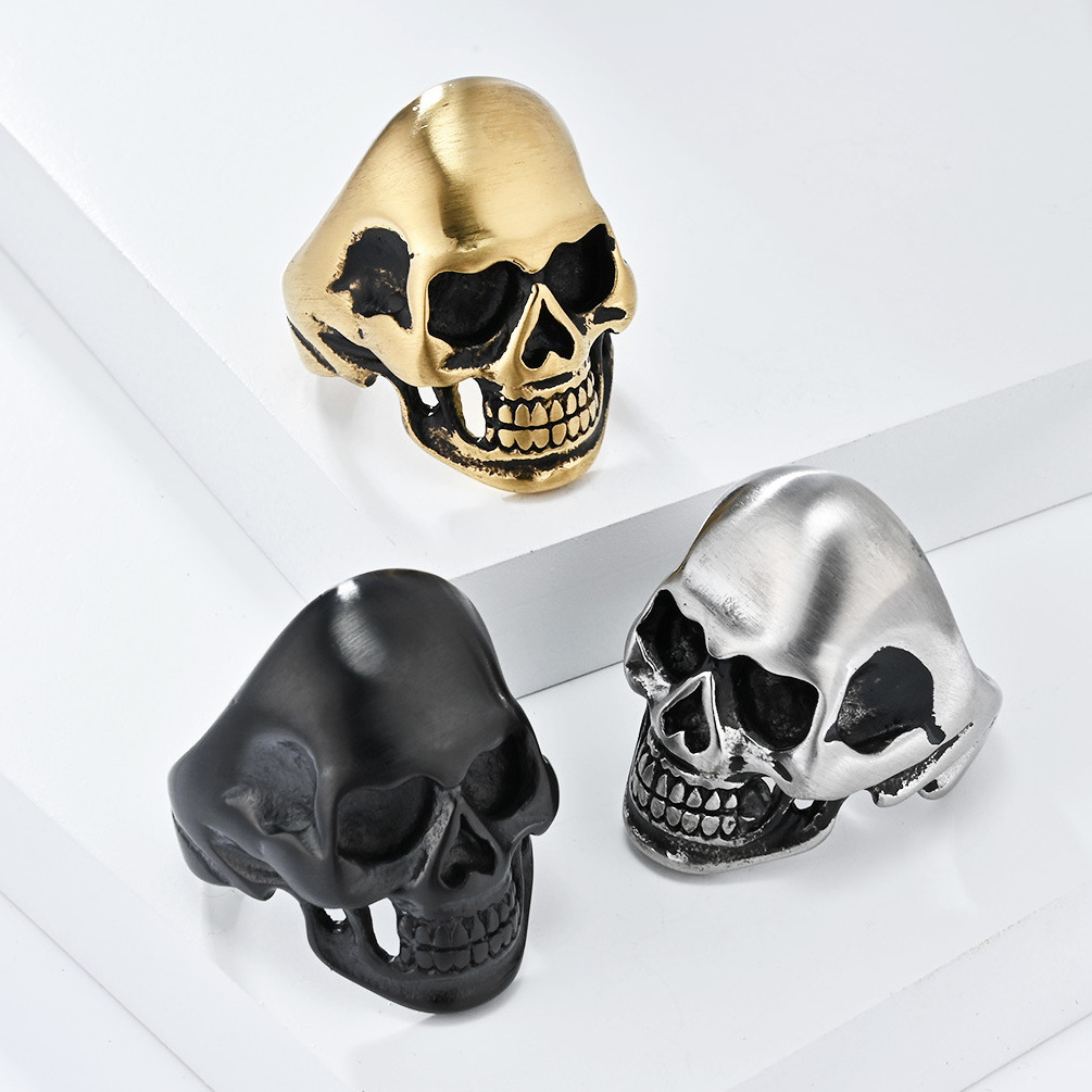 Punk Style Domineering Men's Titanium Steel Skull Head Ring Gold Creative Personality Rings Men Skull New Jewelry Wholesale