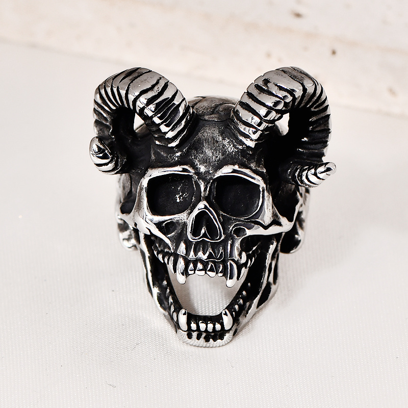 Vintage Statement Stainless Steel Rings Skull Pirate Horned Head Ring Mens Sheepshead Amulet Ring