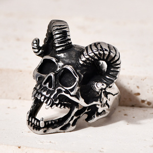 Vintage Statement Stainless Steel Rings Skull Pirate Horned Head Ring Mens Sheepshead Amulet Ring