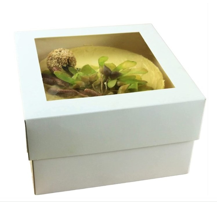 Amazon Hot Sale Kraft Paper Bakery Pastry Box Cake Box Packaging with Window White Recyclable 4*4*2.5inch Ivory Board Folders