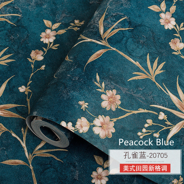 American Retro Nostalgic Peacock Blue Big Flower Non-woven Floral Wallpaper For Living Room Bedroom Room TV Sofa Background