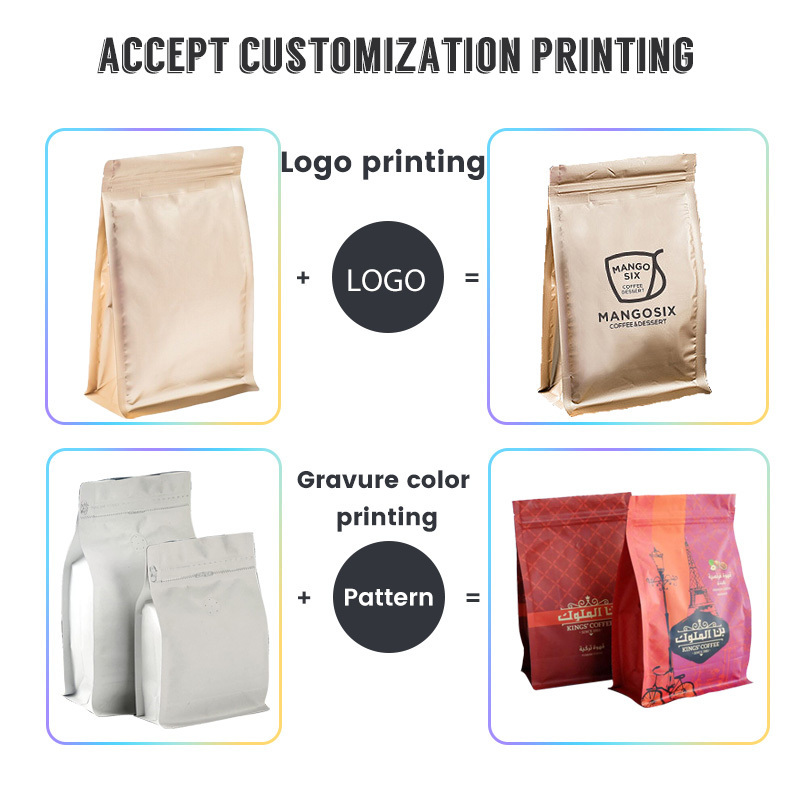 Custom Printed Stand Up Flat Bottom Coffee Bean Pouch 12oz Eight Side Sealed Coffee Bag Packaging With Logo Design Valve Zipper