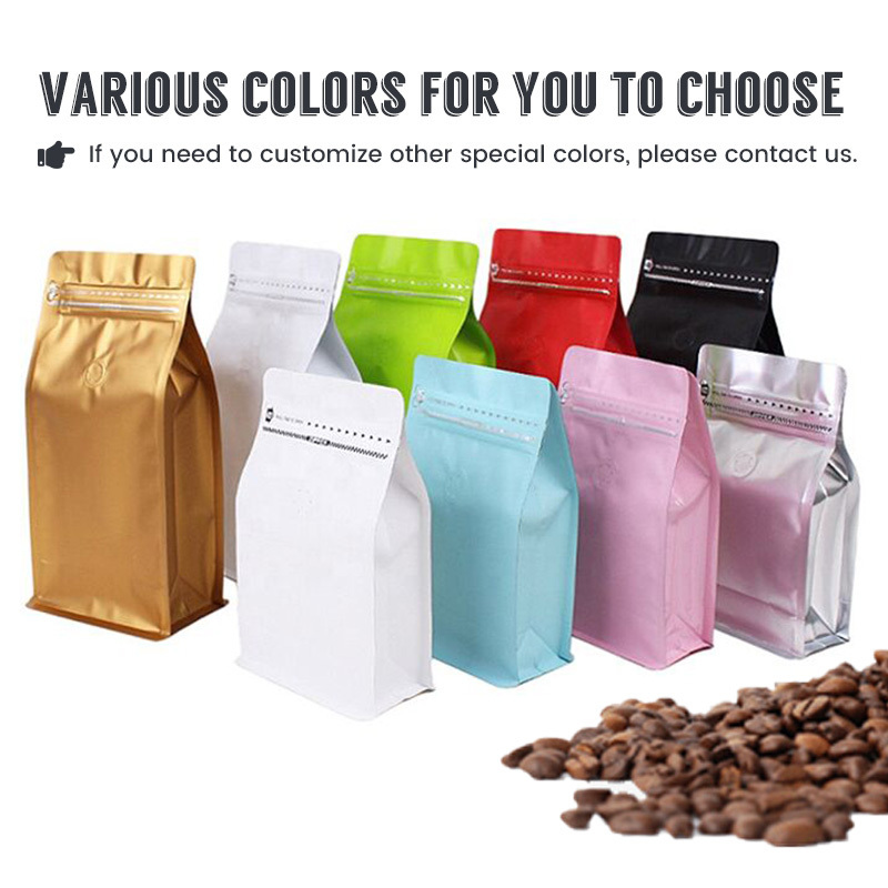 Custom Printed Stand Up Flat Bottom Coffee Bean Pouch 12oz Eight Side Sealed Coffee Bag Packaging With Logo Design Valve Zipper