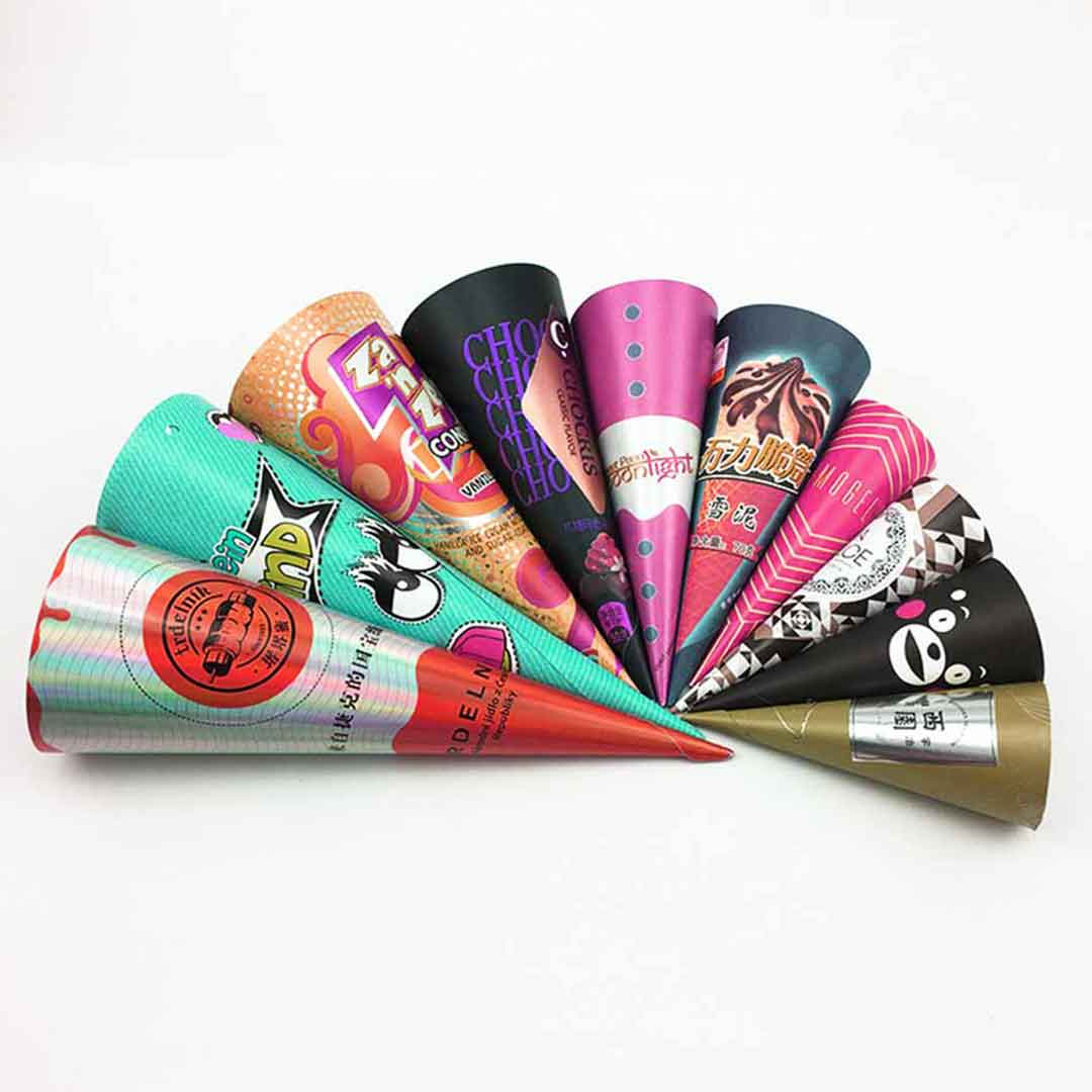 Custom printed disposable food grade ice cream cone packaging kraft paper rolled waffle conesleeves cup