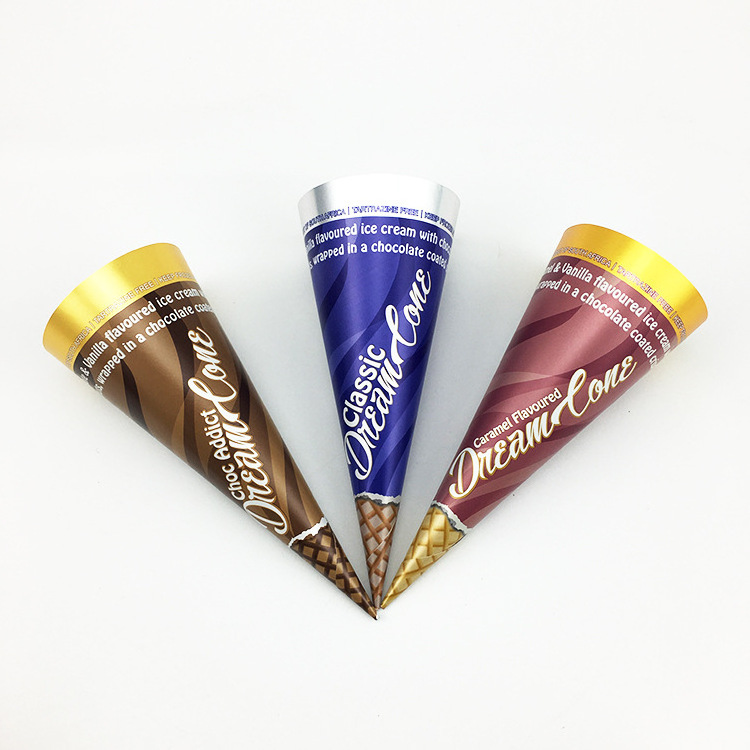 Custom printed disposable food grade ice cream cone packaging kraft paper rolled waffle conesleeves cup