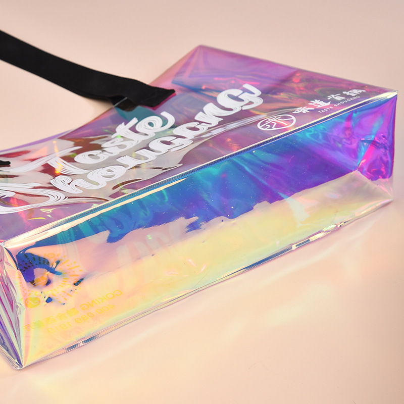 Customized colorful laser holographic fashion clear transparent waterproof PVC tote gift women shopping bag with handles