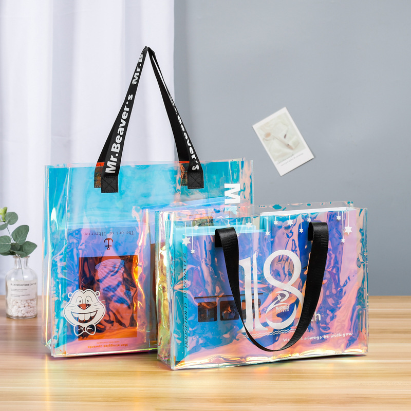 Customized colorful laser holographic fashion clear transparent waterproof PVC tote gift women shopping bag with handles