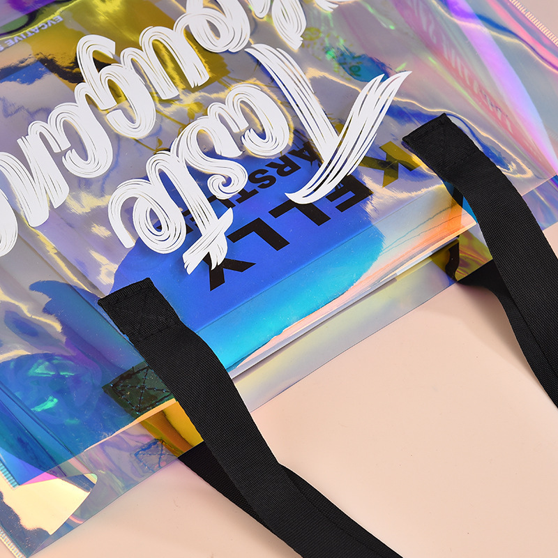 Customized colorful laser holographic fashion clear transparent waterproof PVC tote gift women shopping bag with handles