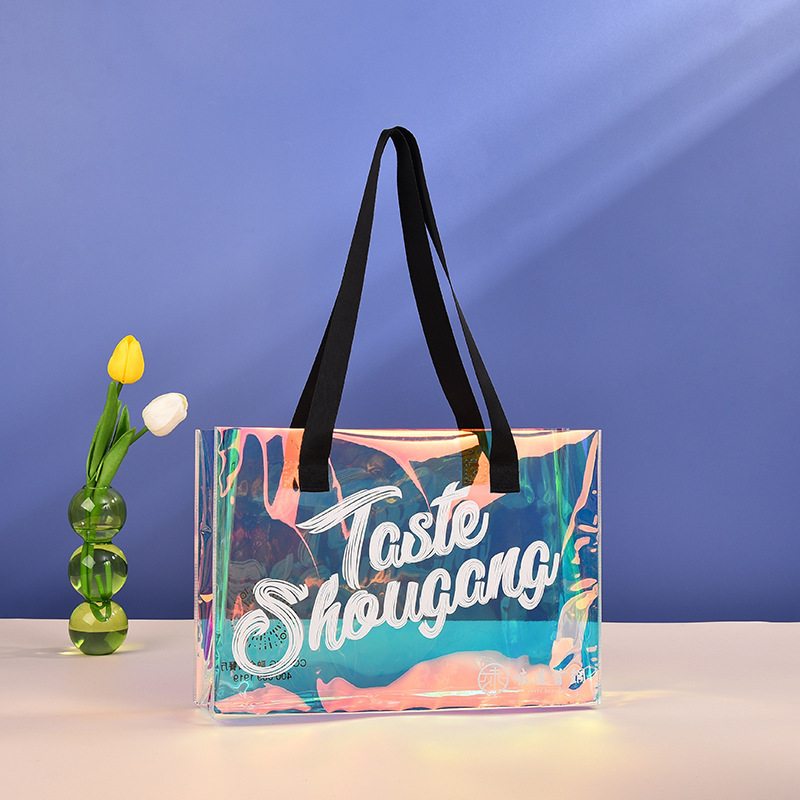 Customized colorful laser holographic fashion clear transparent waterproof PVC tote gift women shopping bag with handles