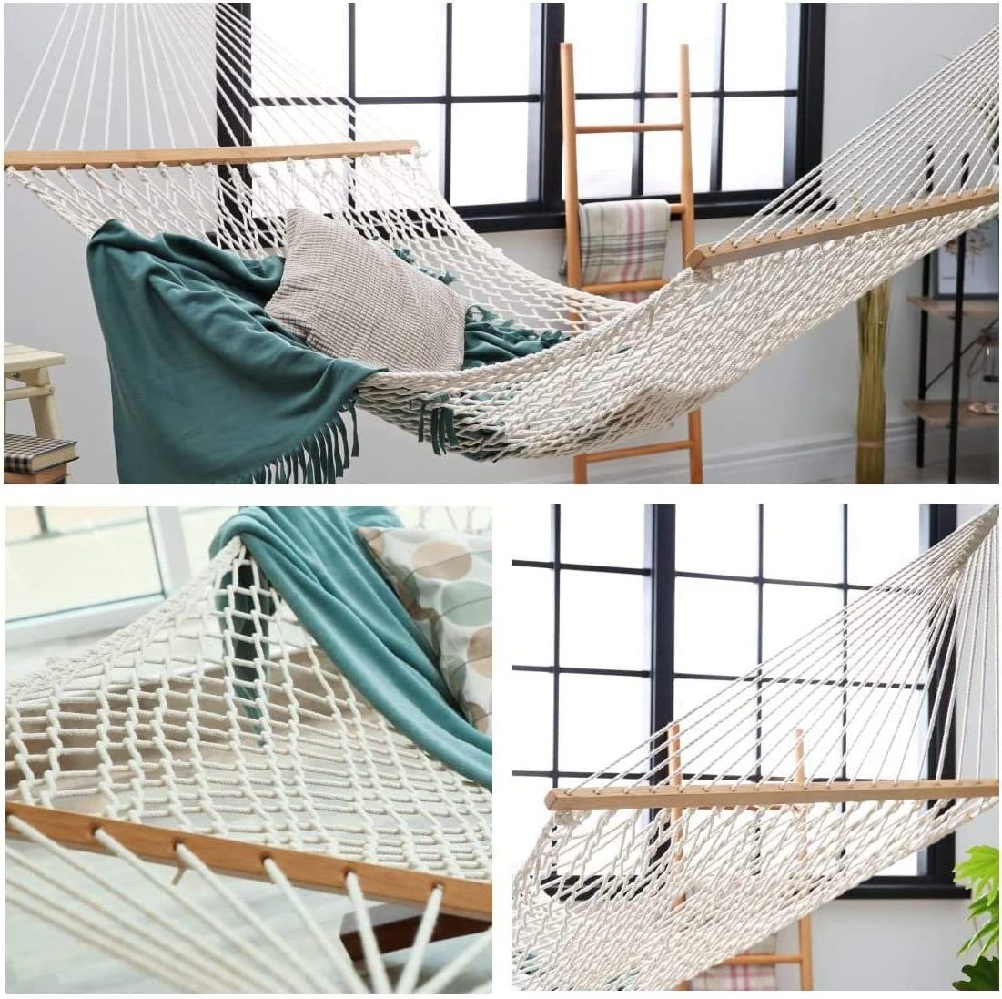 Modern Double Hammock with Pillow Traditional Rope Design for Indoor and Outdoor Free Chains Hooks for Patio Yard or Bedroom