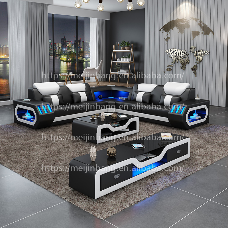 Modern black and red LED sofa set sectional leather couch with led lights living room furniture