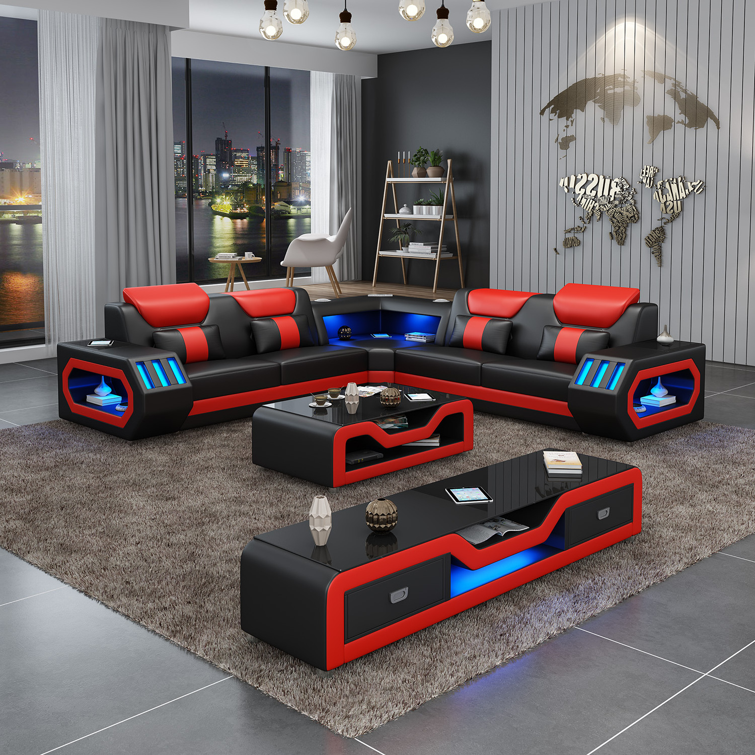 Modern black and red LED sofa set sectional leather couch with led lights living room furniture