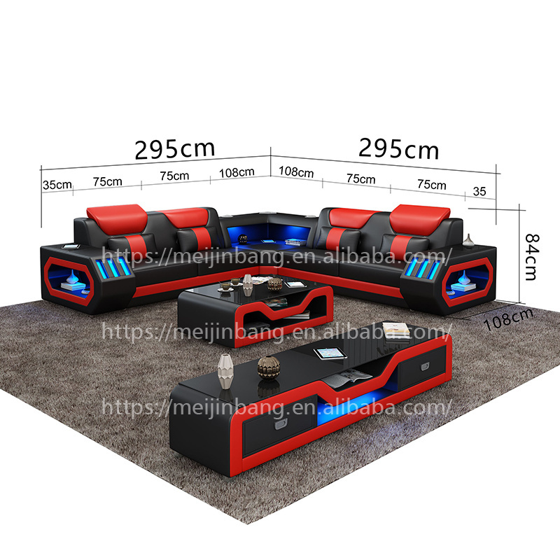 Modern black and red LED sofa set sectional leather couch with led lights living room furniture