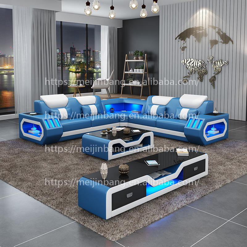 Modern black and red LED sofa set sectional leather couch with led lights living room furniture