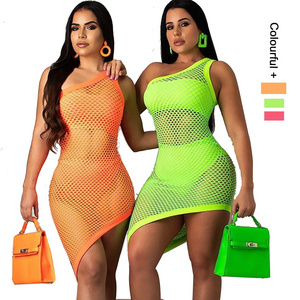 2022 Plus Size Women Bathing Suits Neon Mini Bikini Transparent and Mesh Cover Up Swimwear 3 Piece Swimsuit