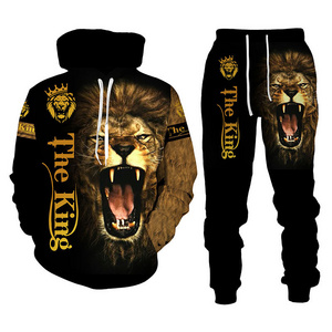 Sweatpants and Hoodie Set Men Lion Printed Tracksuit Hooded Bulk Custom Sweatsuit Logo Men Thick Sweatsuit 2021