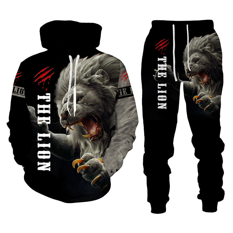 Sweatpants and Hoodie Set Men Lion Printed Tracksuit Hooded Bulk Custom Sweatsuit Logo Men Thick Sweatsuit 2021